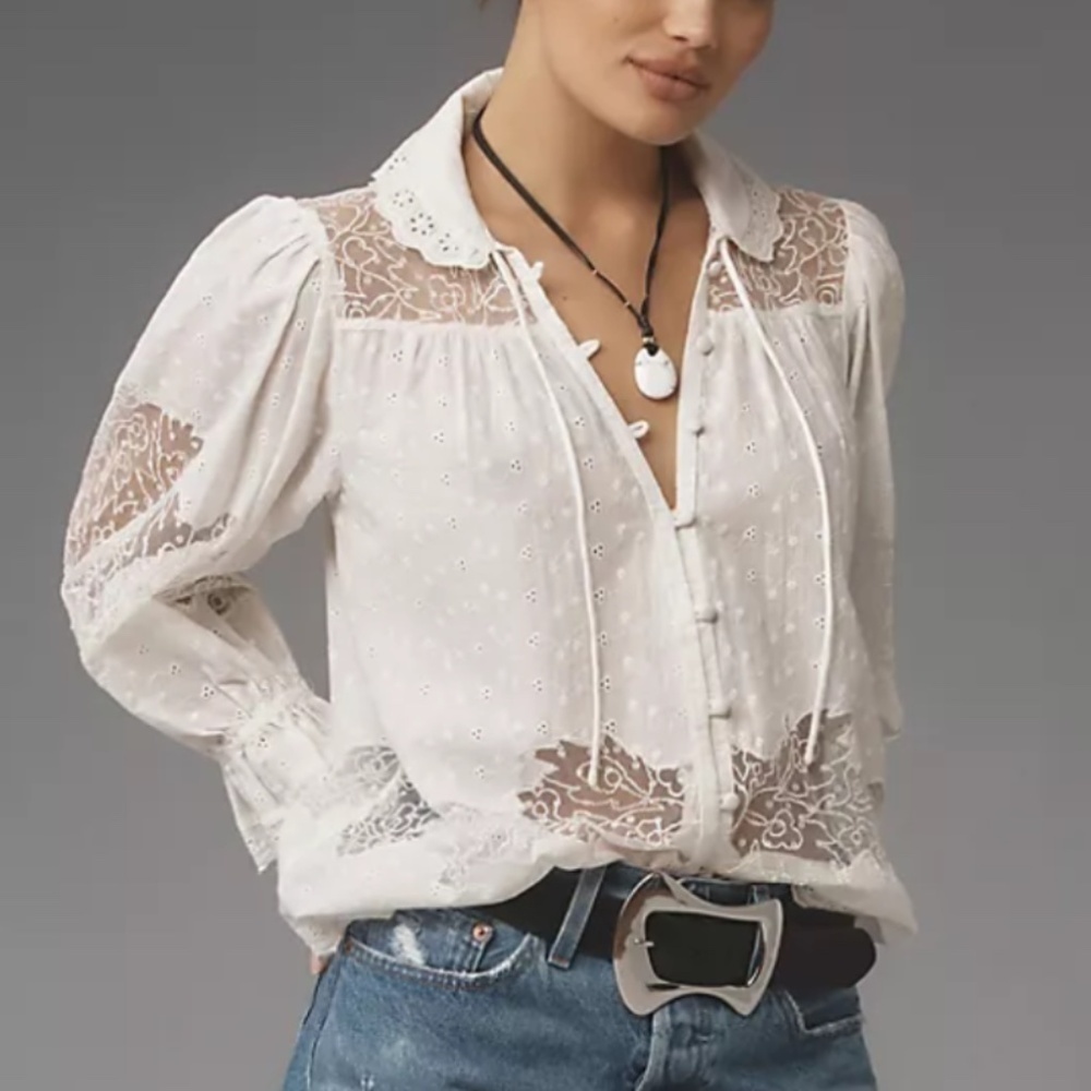 Anthropologie White Eyelet Lace Button-Front Blouse
